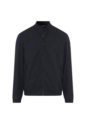 Black windbreaker jacket with a high collar, front zip closure, elastic cuffs, and two side pockets; smooth, lightweight fabric.