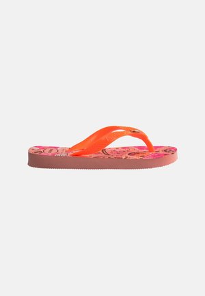 Child's pink and orange flip-flop with patterned sole and orange thong strap, shown from the side on a white background.