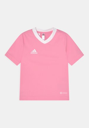 Rosa Sporttrikot mit einem weißen V-Ausschnitt, kurzen Ärmeln und weißem Adidas-Logo; aus leichtem, feuchtigkeitsableitendem Material.