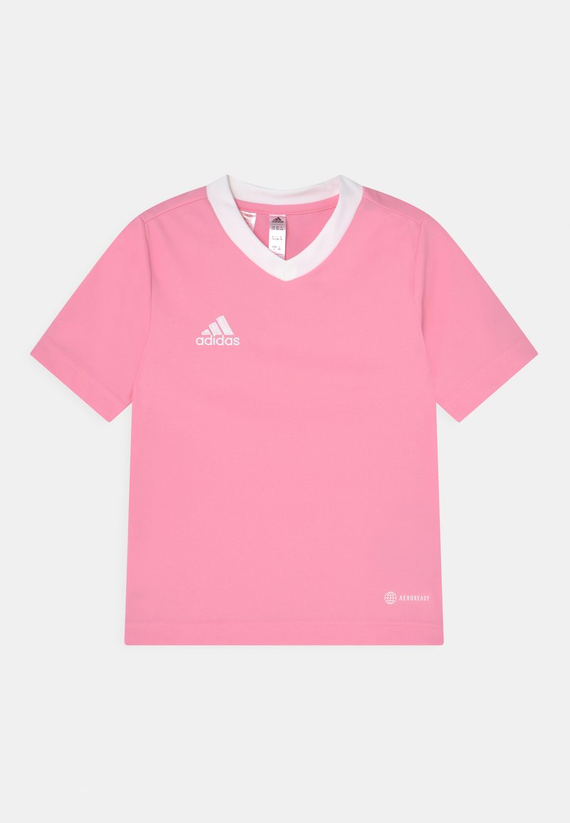Rosa idrottströja med vit V-hals, korta ärmar och Adidas-logotyp tryckt i vitt; tillverkad av lätt, fuktavvisande material.