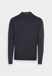 Maglione blu navy con collo alto, maniche lunghe, polsini e orlo a coste, realizzato in tessuto a maglia liscia.