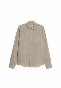 Beige lange mouwen shirt gemaakt van linnen. Bevat een knoopsluiting aan de voorkant, een kraag, een enkele borstzak en een lichte textuurpatroon.