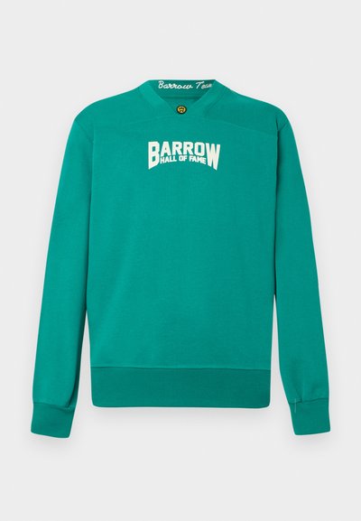 Green sweatshirt made of cotton, featuring a V-neck, long sleeves, and "BARROW HALL OF FAME" printed in white on the front.
