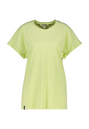 Hellgrünes T-Shirt mit kurzen Ärmeln, rundem Ausschnitt, aufgerollten Bündchen und einem kleinen schwarzen Etikett am unteren linken Saum.