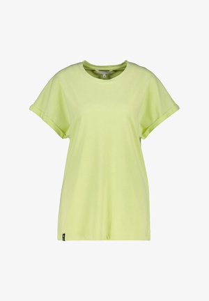 Lichtgroen T-shirt met korte mouwen en ronde hals, met opgerolde manchetten en een klein zwart label aan de onderzijde van de linkerkant.