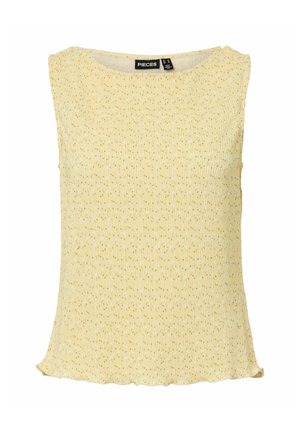 Top giallo senza maniche con piccolo motivo floreale verde, scollo tondo e bordi leggermente arricciati del marchio Pieces.