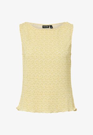 Top giallo senza maniche con piccolo motivo floreale verde, scollo tondo e bordi leggermente arricciati del marchio Pieces.