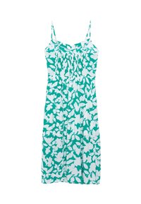 Ärmelloses Kleid mit teal Hintergrund und weißen Blumenmustern, gerafftem Oberteil und fließender Silhouette. Weicher Stoff.