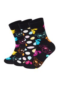 Drie paar zwarte sokken met kleurrijke dierengezichten en stippen. Met heldere gele, roze, oranje en blauwe accenten. Zachte, rekbare stof.
