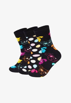 Três pares de meias pretas com rostos de animais coloridos e bolinhas. Apresenta detalhes em amarelo brilhante, rosa, laranja e azul. Tecido macio e elástico.