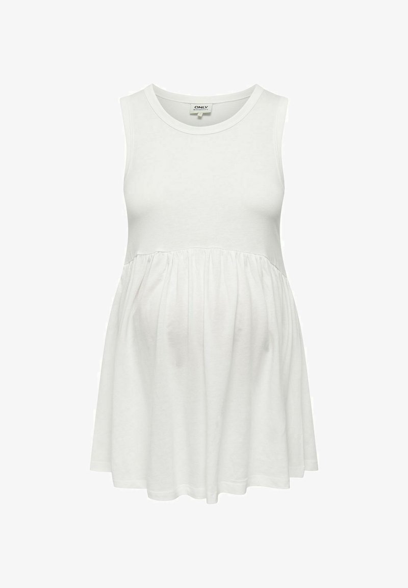 Biała bezrękawnikowa bluzka ciążowa wykonana z gładkiego materiału, z zebranym szwem pod biustem, co zapewnia luźny krój oraz okrągły dekolt.