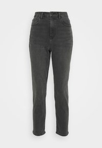 Jeans de tiro alto y pierna recta en denim gris oscuro. Presentan un diseño de cinco bolsillos y detalles cosidos en las costuras. Tejido suave y texturizado.