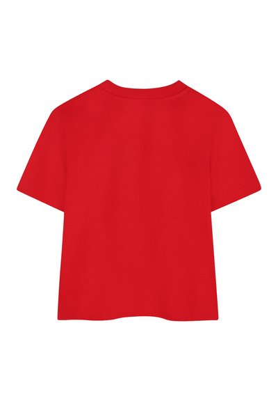 T-shirt en coton rouge avec des manches courtes, un col rond et une texture lisse. L'arrière est uni sans logos ni motifs visibles.