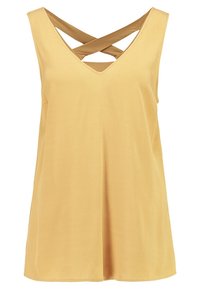 Top senza maniche di colore giallo senape con scollo a V e spalline incrociate sul retro, realizzato in un tessuto leggero e morbido.
