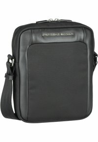 Borsa a tracolla nera realizzata con una combinazione di tessuto testurizzato e pelle liscia. Presenta una chiusura con cerniera e una tracolla regolabile.