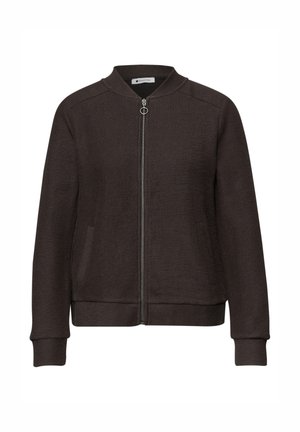 Veste bomber zippée marron foncé texturée avec poignets, ceinture et col côtelés, dotée de poches latérales et d'une fermeture éclair avec tirette anneau.