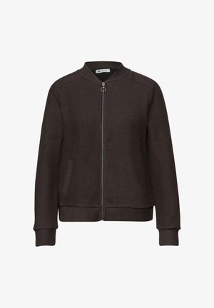 Dunkelbraune, strukturierte Bomberjacke mit Reißverschluss, gerippten Bündchen an Ärmeln, Bund und Kragen, seitlichen Taschen und einem Reißverschluss mit Ringzug.