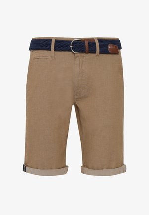 Beige rövidnadrág, texturált anyagból készült, felhajtós szegéllyel, tengerészkék fonott övvel, bőr díszítéssel és oldalsó zsebekkel.