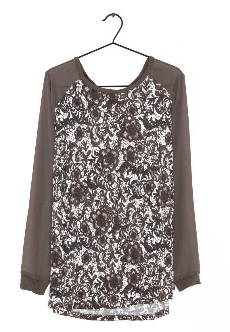T-shirt à manches longues avec un motif en dentelle florale dans des tons de marron foncé et de crème, avec un dos uni marron et un col rond.