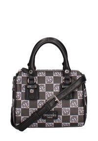 Borsa a spalla a scacchi nera e grigia con motivo a rose, materiale sintetico testurizzato, doppi manici superiori e tracolla regolabile.
