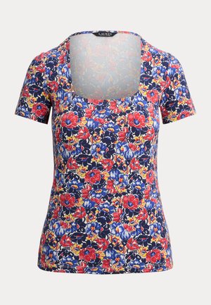 Κοντομάνικη μπλούζα με φλοράλ σχέδιο και τετράγωνη λαιμόκοψη. Διαθέτει σχέδιο με μπλε, κόκκινα και κίτρινα λουλούδια σε ναυτικό μπλε φόντο. Μαλακό, ελαστικό ύφασμα.