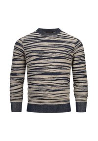 Maglione lavorato a maglia beige con motivo a strisce di tigre blu navy, dotato di un collo rotondo, maniche lunghe e polsini e orlo a coste.