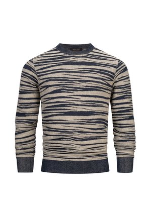 Gebreide trui in beige met een marineblauw tijgerstrepenpatroon, met een ronde hals, lange mouwen en geribde manchetten en zoom.