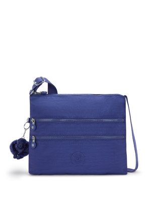 Borsa in nylon viola con due tasche con zip, tracolla e portachiavi con pompon. Presenta un logo rotondo impresso sul davanti.