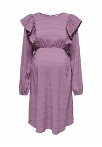 Robes de maternité violettes avec des manches volantées, en tissu texturé et une taille élastique, conçues pour s'adapter à un ventre en croissance.