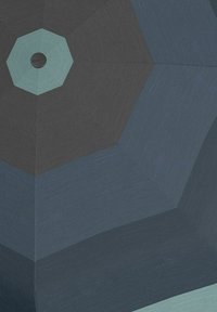 Umbrella with hexagonal design, featuring dark tones and a teal center. Material appears textured with distinct color segments and patterns.