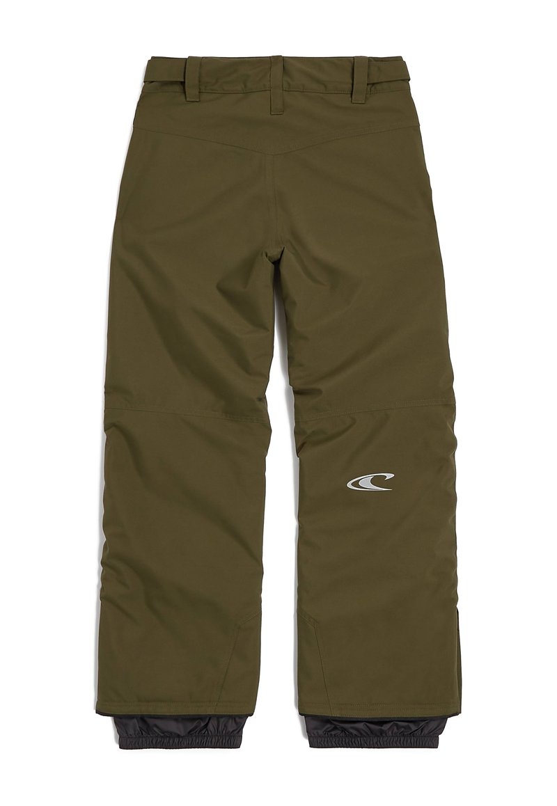 Olivgrüne, wasserdichte Skihosen mit verstellbarem Bund, elastischen Bündchen und weißen Logodetails. Glatte Textur mit verstärkten Nähten.