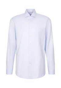 Camicia azzurra chiara a maniche lunghe con colletto, taschino singolo sul petto e una sottile texture. Dotata di bottoni bianchi e orlo curvo.