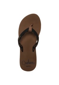Sorte og brune flip-flops med en polstret såle, syntetiske stropper med et teksturert mønster, og "Cushion by REEF" merkevare på fotsengen.