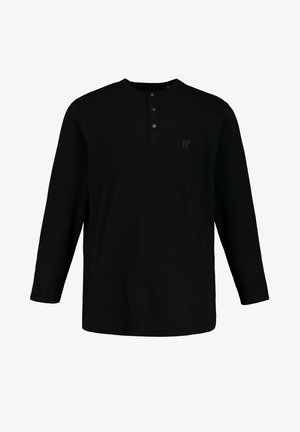 Maglietta nera a maniche lunghe con scollatura henley, tre bottoni marroni e un piccolo logo nella zona sinistra del petto. Tessuto in cotone morbido.