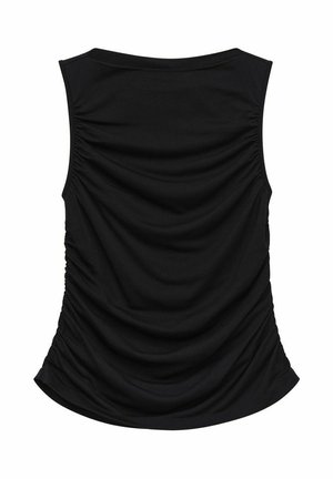 Mustat hihattomat topit, joissa on kerrostettua pintakuviointia takana, pyöreä pääntie ja hellästi kaareva helma.