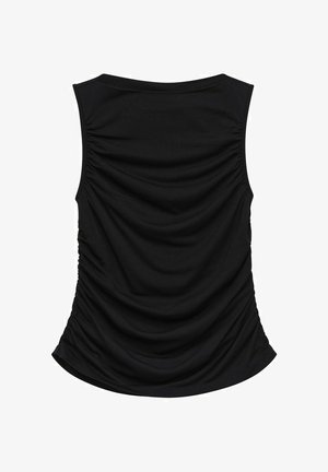 Mustat hihattomat topit, joissa on kerrostettua pintakuviointia takana, pyöreä pääntie ja hellästi kaareva helma.