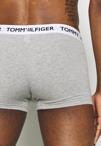 Gray cotton boxer briefs with a white waistband featuring navy blue "TOMMY HILFIGER" text. Smooth texture and fitted design.