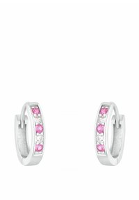 Pendientes de aro de plata con una fila de piedras preciosas rosas y transparentes en la parte delantera. Acabado suave con un diseño pulido y cierre seguro.