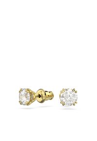 Brincos de ouro com pedras preciosas redondas e transparentes montadas em garras. O acabamento em metal polido realça o brilho, tornando-os adequados para uso diário.