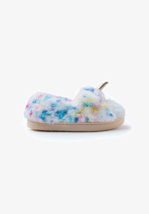 Chaussons moelleux avec un motif arc-en-ciel pastel, dotés d'un haut en peluche, d'un intérieur doux et d'une semelle de couleur claire. Accent doré sur le bout.