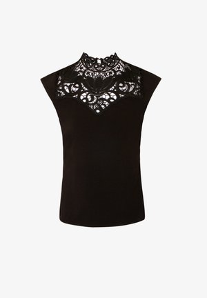 Top preto sem mangas com um colarinho alto de renda, apresentando padrões florais intrincados e bordas em forma de onda. Tecido suave com ligeira elasticidade.