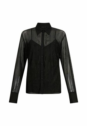 Chemise noire transparente à boutons avec des manches longues, présentant des rayures verticales de petites paillettes, un col pointu et des poignets noirs unis.