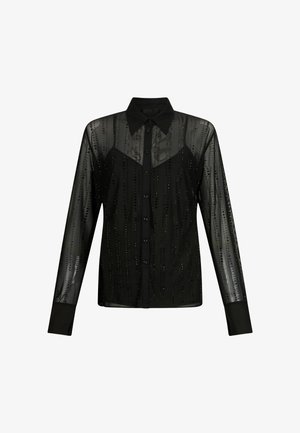 Schwarze durchsichtige Hemdbluse mit langen Ärmeln, die vertikale Streifen aus kleinen Pailletten aufweist, einen spitzen Kragen und unifarbene schwarze Manschetten hat.