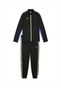 Zwart trainingspak met een ritsjack en broek, voorzien van blauwe en neon groene accenten, gemaakt van gladde stof voor sportkleding.
