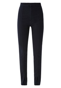 Zwarte hoge taillebroeken met een slim fit, met een gladde textuur, rechte pijpen en zijsplitten aan de zoom. Opvallende stikseldetails.