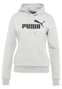 Sudadera con capucha gris fabricada en una mezcla de algodón, que presenta un bolsillo canguro en la parte frontal, un logo negro de "PUMA" y puños y dobladillo acanalados.