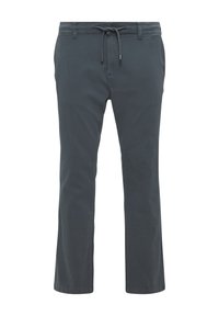 Donkergrijze katoenen broeken met een rechte pijpdesign, voorzien van een verstelbare tailleband en subtiele stikdetails. Geen zichtbare zakken.