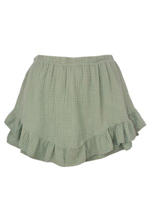Grüner Chambray-Rock mit einem Rüschensaum, aus einem strukturierten Stoff mit einem zerknitterten Finish und einem elastischen Taillenbund.