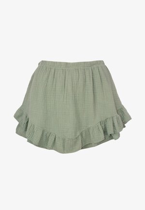 Green chambray skirt with a ruffled hem, featuring a textured fabric with a wrinkled finish and an elastic waistband.