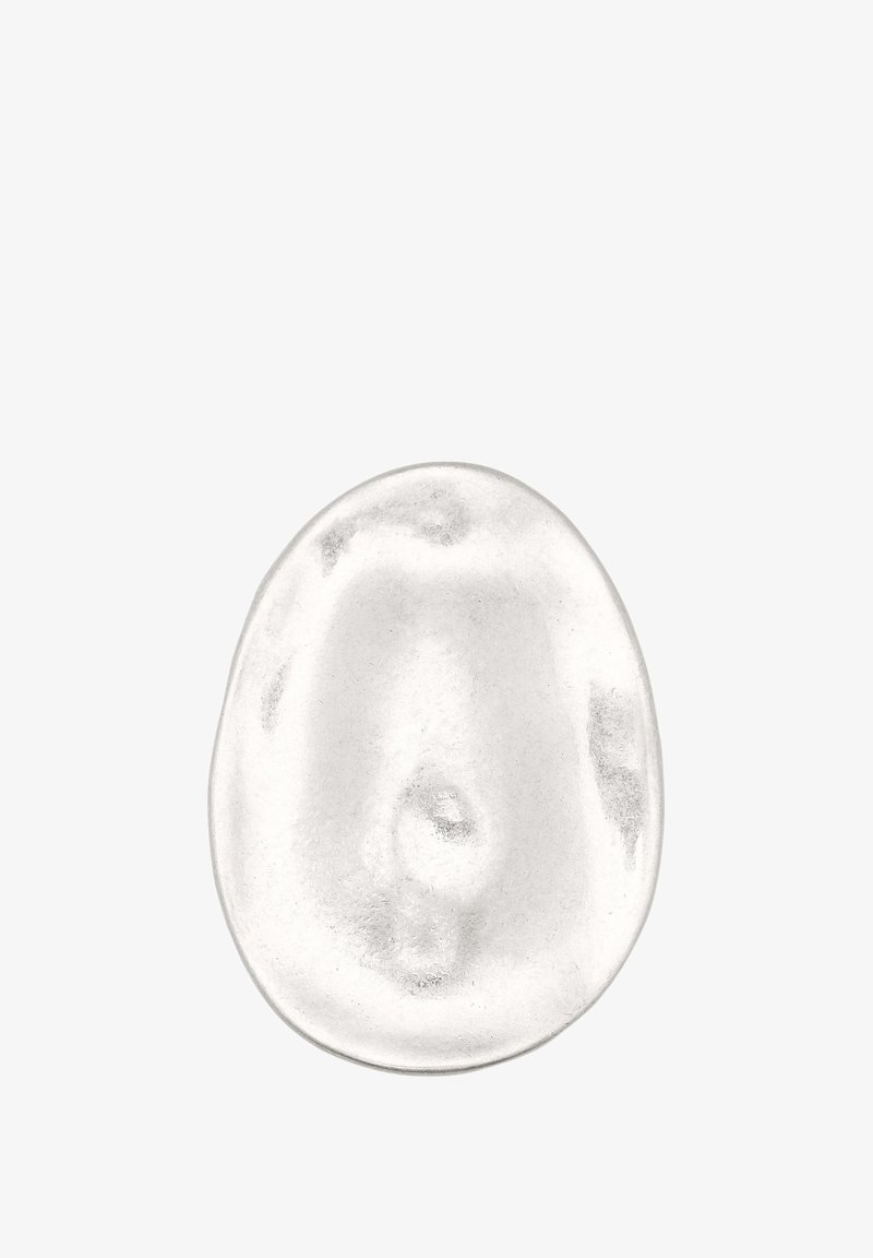 Polished silver oval with a smooth, reflective surface and subtle curves, featuring a soft, organic shape without sharp edges.